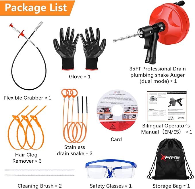 35 FT Double Mode Drain Snake Tools, 14-in-1 Drain Auger for Sink and Drain Unblocking, Plumbing Snake for Kitchen, Bathrom and Shower Sink, Snake for Real DYIs【Upgraded】