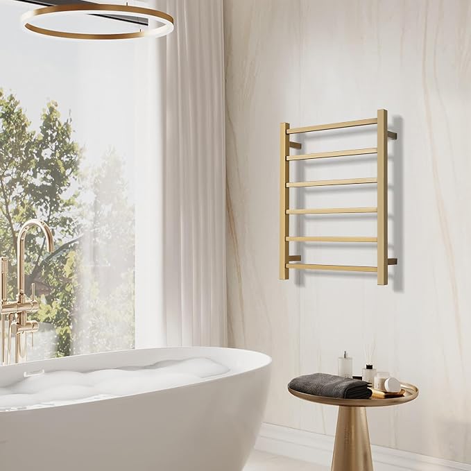Electric Heated Towel Warmer - Wall Mounted Bathroom Towel Rack, Plug-in Design & Brushed Stainless Steel 6 Bar Gold with Single Press