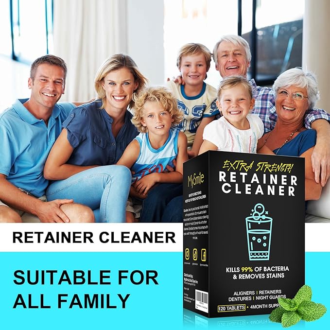Mysmile Retainer Cleaner with 120 Denture Cleaning Tablets, 3 Min Faster Denture Cleaner Removes Plaque, Odors, Stains from Aligner, Invisalign, Mouth Guard, Night Guard……