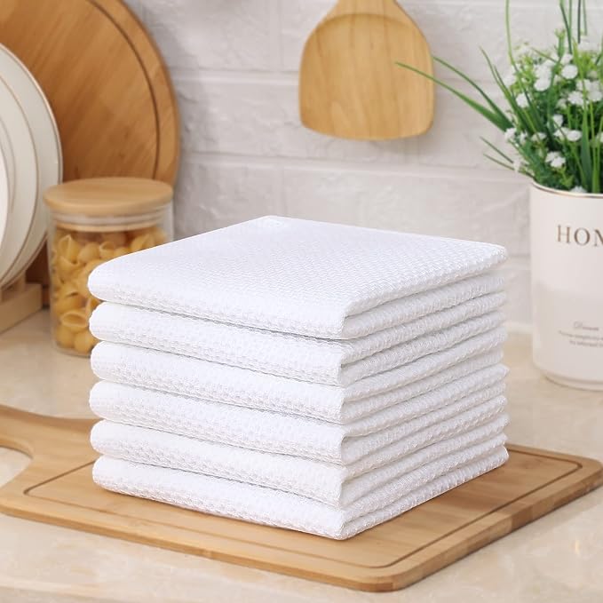Kitinjoy 100% Cotton Kitchen Dish Cloths (12 X 12 Inches, White), 8 Pack Waffle Weave Ultra Soft Absorbent Dish Towels for Drying Dishes Quick Drying Kitchen Towels Dish Rags