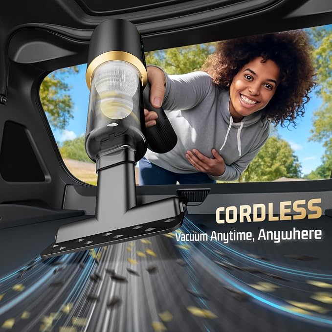 Cordless Car Vacuum Cleaner: Handheld Vacuum with ๐๐๐๐๐๐๐ Strong Suction, ๐๐ซ๐ฎ๐ฌ๐ก๐ฅ๐๐ฌ๐ฌ ๐๐จ๐ญ๐จ๐ซ & HEPA Filter, ๐-๐ข๐ง-๐ Cleaning Kit, Type-C Charging for Home Office Car - Black