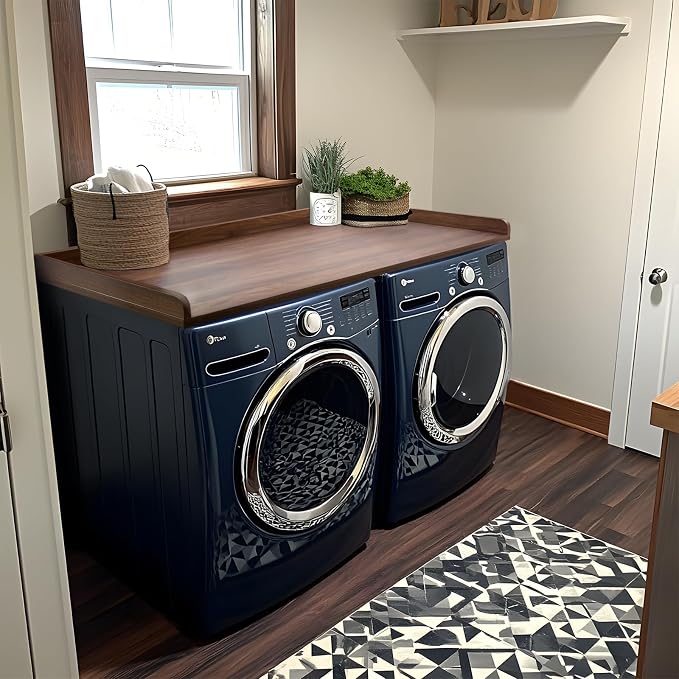 Kaboon Washer Dryer Countertop, Melamine Countertop with Edge Rails - 27.5" Depth x 54" Width Laundry Room Organization, Dark Walnut