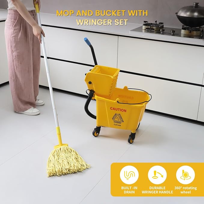 35-Quart Commercial Mop Bucket with Side Press Wringer on Wheels | Floor Cleaning , Including Commercial Mop and Mop Head Replacement,Yellow