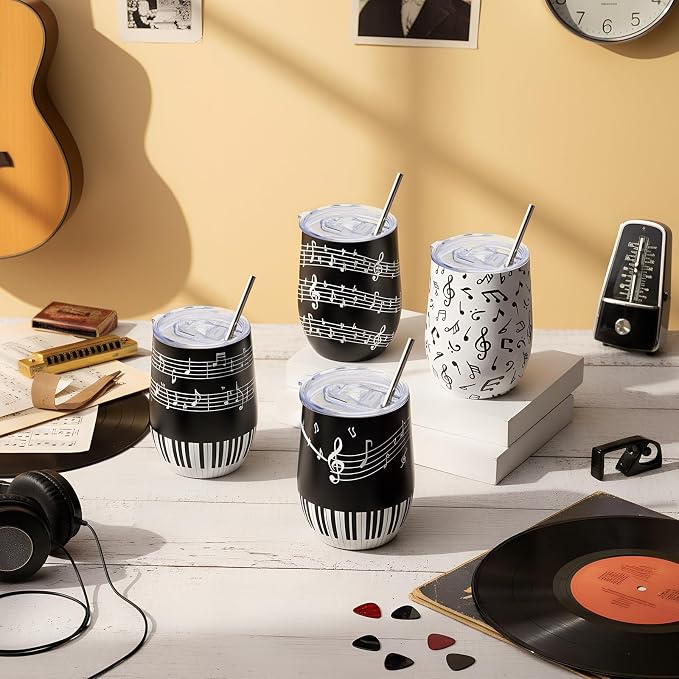 Umigy 4 Pcs Musical Note Tumbler Gifts, 12 oz Stainless Steel Coffee Travel Mug, Vacuum Insulated Tumbler Cup with Gift Box Music Themed Gift for Music Lovers Birthday Graduation Party Supplies