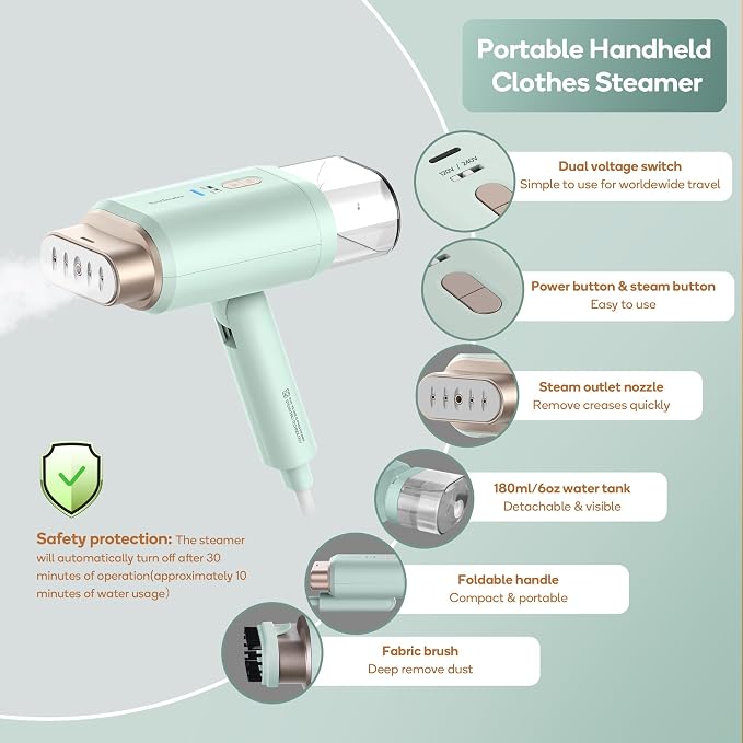 Newbealer Steamer for Clothes, 1200W Dual Voltage, 180ml (Green) | Handheld 360° Anti-Spill Travel Steamer, Foldable & Solid 1.72 lbs, Fast 20s Heat, Auto-Off, for Business Trips/Hotel/Office