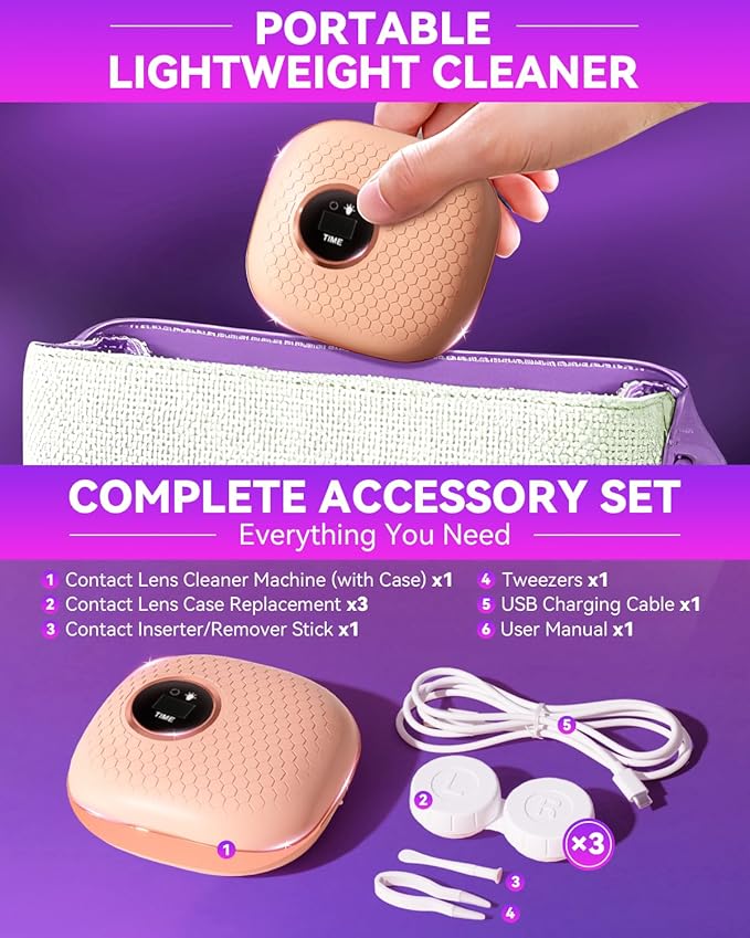 2025 Upgraded Ultrasonic Contact Lens Cleaner【50KHz Germany Super Motor】【Top1 Intelligent Chip-Smart Modes】【Rechargeable】 Gentle Cleaning & 99% Brightness, Portable Soft Contact Lens Tools (Chic Pink)