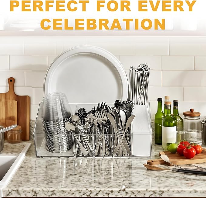 Acrylic Paper Plate Organizer and Dispenser – 6 Compartment Plate and Utensil Caddy for Plates, Cups, Napkins and Cutlery, Ideal for Kitchen, Parties, Picnics, Weddings, and Outdoor Events