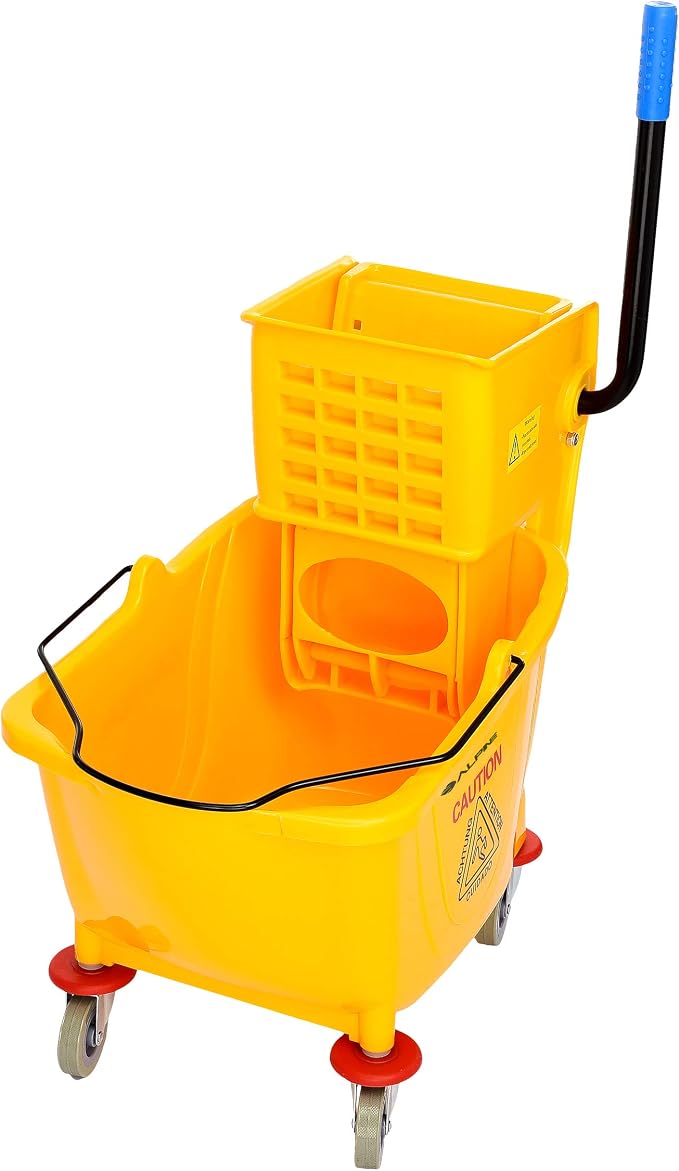 Alpine Mop Bucket & Side Wringer Combo - Heavy Duty & Commercial Janitorial Cart w/Spring Wringer on Wheels for Home & Industrial Cleaning - Commercial Mop Bucket for Business, Yellow