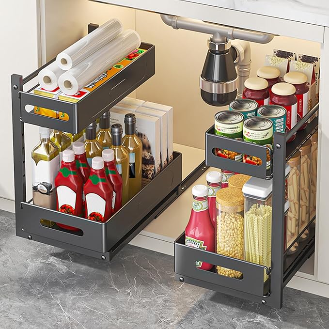 HABITLLO Under Sink Organizer, 2 Tier Bathroom Cabinet Organizer with Adjustable Height, Sliding Cabinet Basket Organizer Drawer for Kitchen, Bathroom, Laundry, Pantry