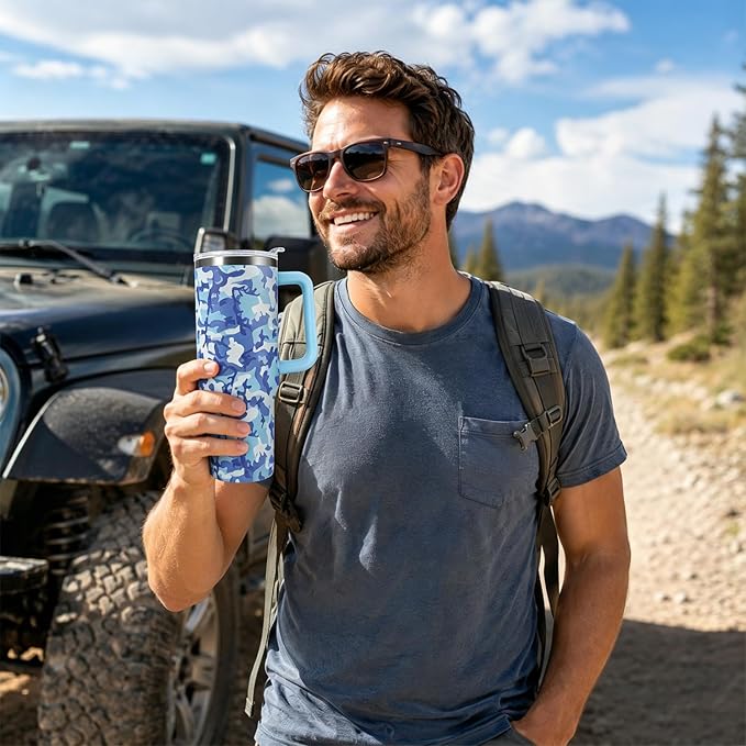 Ceovfoi 40oz Blue Camo Tumbler with Handle Lid Straw, Vacuum Insulated Coffee Mug Water Bottle, Camouflage Decor Gifts for Men Women