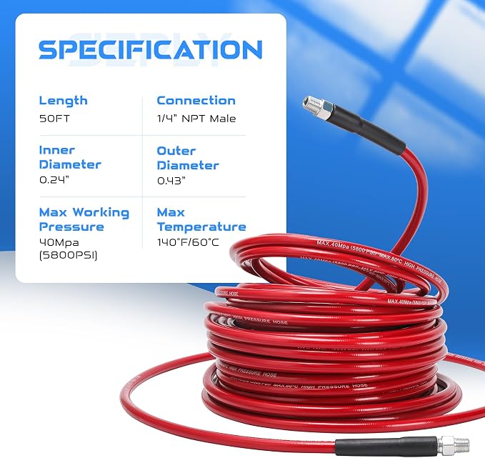Sewer Jetter Kit for Pressure Washer 50 FT, Drain Cleaner Hose with Power Washer Gun, 1/4 Inch NPT Corner, Rotating and Button Nose Sewer Jetting Nozzle,Waterproof Tape, Pearl Corsage Pin, Spanner