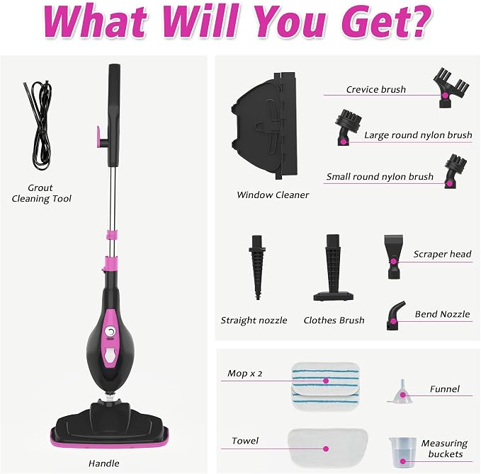 Steam Mop for Floor Cleaning, Handheld Electric Mop Steamer for Home, Hardwood Floor Steamer for Kitchen, Living Room Wood Floor Tile Carpet Clothes Cleaning, Black and Pink