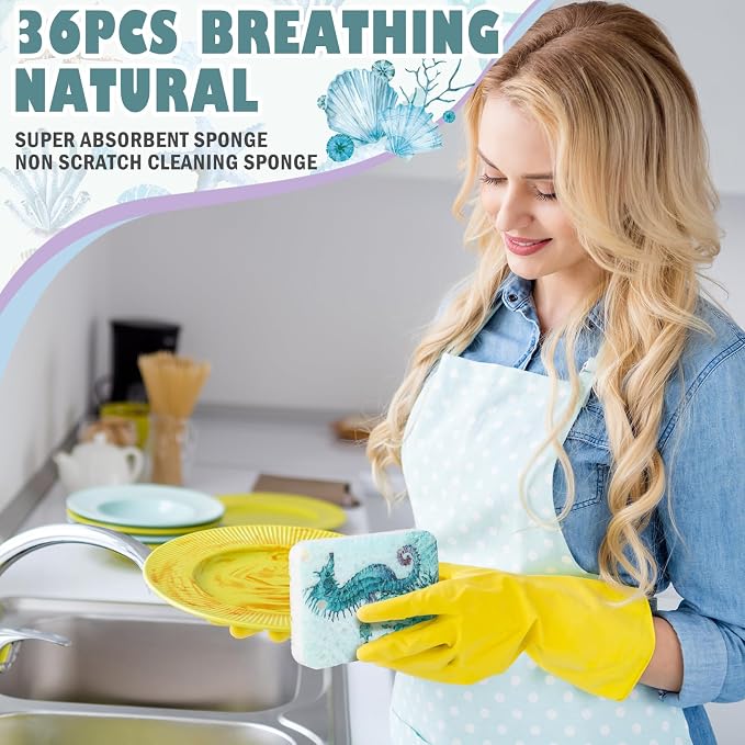 Hahafelt 36 Counts Compressed Cellulose Sponges Bulk Craft Pop up Ocean Pattern Natural Kitchen Compostable Non Scratch Dish Sponges for Washing Dishes, Cleaning Countertop Sink