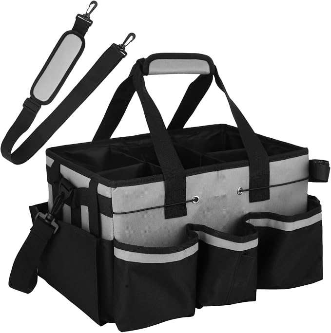 Wearable Cleaning Caddy Bag, Large Housekeeping Supply Organizer with Adjustable Shoulder Strap, Waist Strap and Handle, 600D Oxford Cleaning Tote with Dividers for Kitchen, Car Detailing, Black Gray