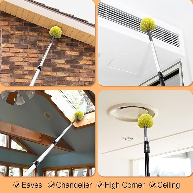 ARTIPOLY 4-12ft Cobweb Duster with Extension Pole, 20 Foot High Reach Feather Dusters with Bristles for Cleaning Outdoor Indoor, 4-Stage Spider Web Remover with Telescopic Pole for Ceiling Wall Yellow