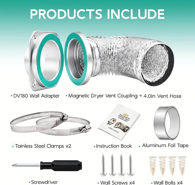DV180 Magnetic Dryer Vent Coupling Connector Kit, Airtight Magnetic Quick-Connect for 4 Inch Hose, Easy to Clean & Maintain, Includes 2.6ft Flexible Ducting, 2 Clamps and Sealing Tape