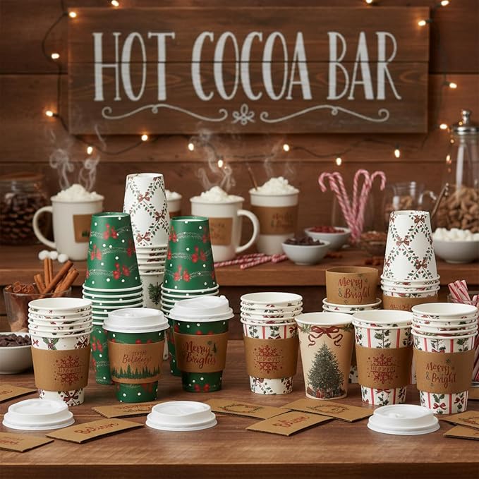Gueevin 72 Set/ 216 Pcs Christmas Paper Cups Disposable 12 oz Christmas Coffee Cups with Lids and Sleeves Xmas Winter Party Supplies for Hot Chocolate Cocoa Cold Drinks Water Supplies (Bow Style)