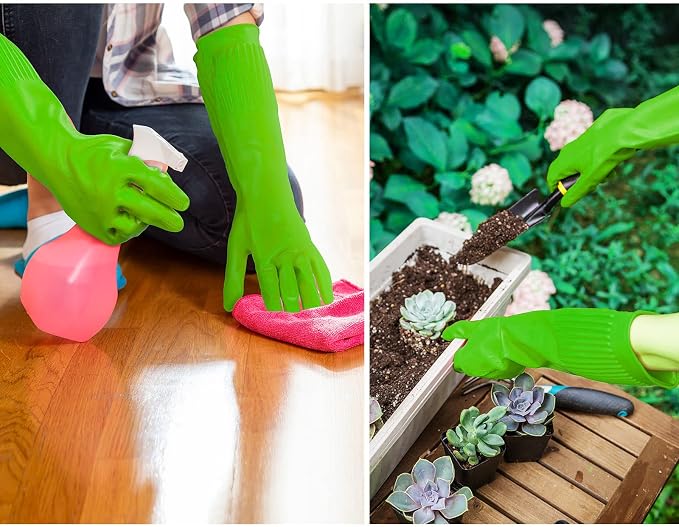 Vgo 2-Pairs Dishwashing Gloves, Reusable Household Gloves, Long Sleeve, Thick Latex, Cleaning, Washing, Working, Painting, Gardening, Pet Care (Size L, Green, RB2143)