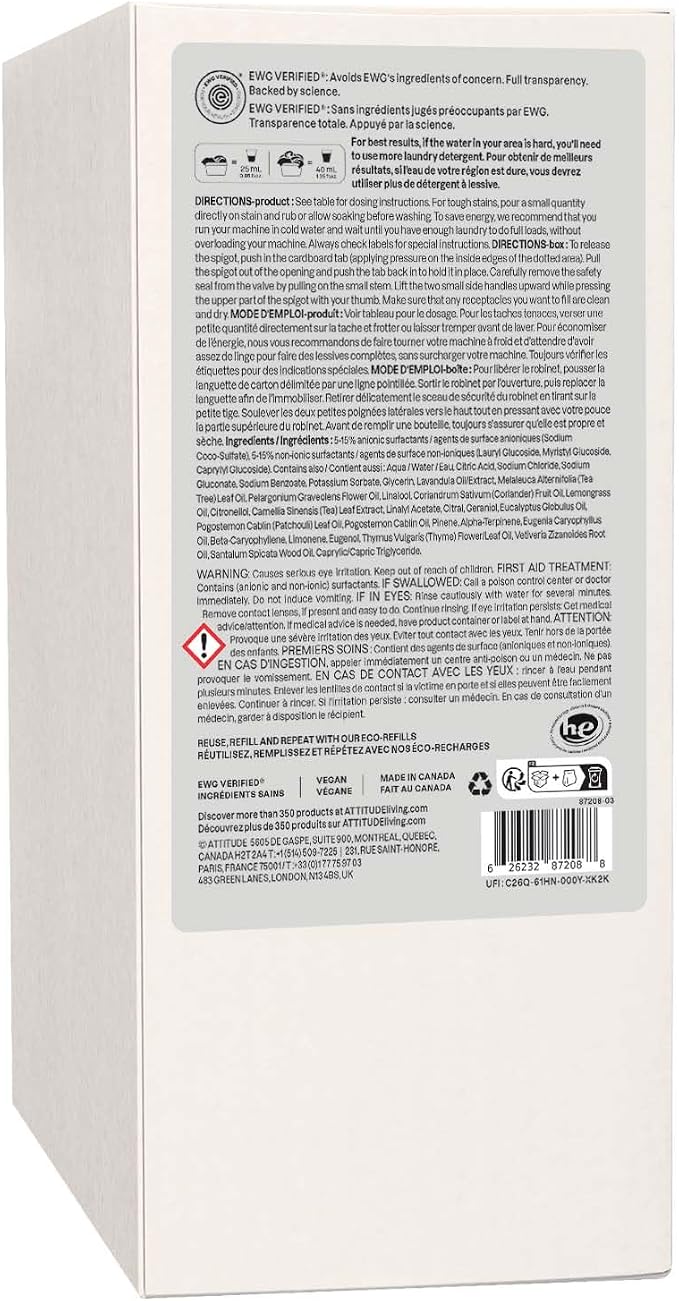 ATTITUDE Laundry Detergent with Essential Oils, EWG Verified, Vegan, Plant and Mineral-Based Ingredients, HE, Bulk Refill, 80 Loads, Geranium and Lemongrass, 67.6 Fl Oz