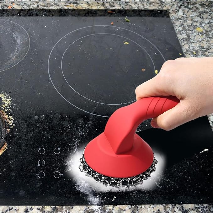 Cast Iron Cleaner, Stainless Steel Cast Iron Scrubber with Silicone Handle, Portable Kitchen Cleaning Brush for Kitchen Pots Pans Sink