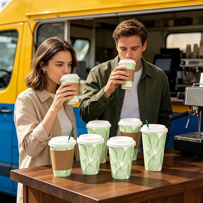 Plant-Based PLA Lined Disposable Coffee Cups with Lids, Straws & Sleeves, Compostable Cups Set, Eco-Friendly for Hot/Cold Drinks, Party, Travel, Office (12 oz 100 Count)