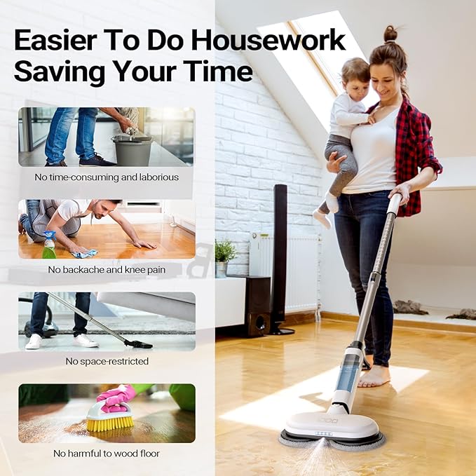 iDOO Electric Cordless Spin Dust Mop, Electric Mops for Floor Hardwood Tile Cleaning with Sprayer & LED Headlight, Rechargeable Dual-Motor, Quiet Self Propelled, Water Tank 4 Replaceable Heads, White