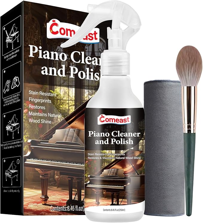 Piano Cleaner and Polish, Clean, Wax and Protect Glossy All in One Bottle Restore the Shine, Remove Fingerprints and Stains, and Enhance the Brightness of the Wood or Lacquer Finish, 8.45 Fl Oz