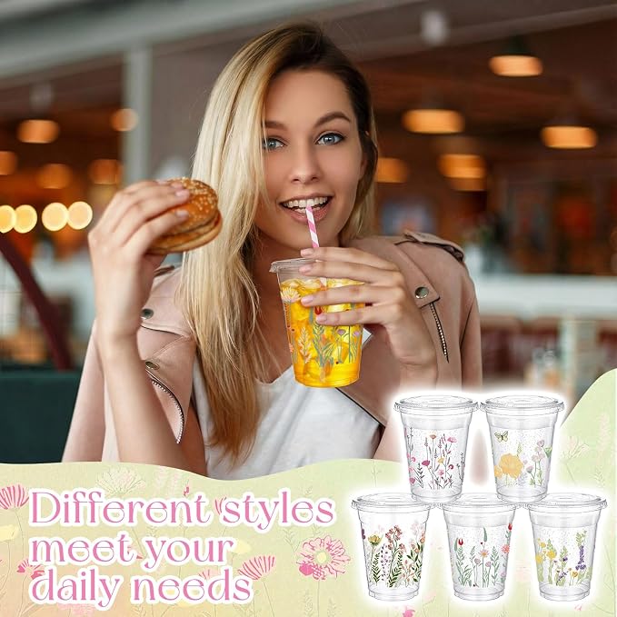 FoldTier 100 Pcs Wildflower Cups Plastic with Lids and Straws 12 oz Disposable Floral Drinking Cups for Tea Party Wedding Love in Bloom Baby Shower Bridal Shower Wild Flower Graduation Supplies