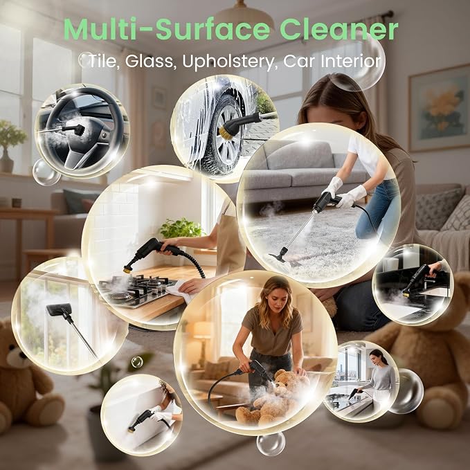 Pressurized Steam Cleaner 1.6L, 3-Level Adjustable Steamer for Cleaning, 10s Heat-Up, 2500W Handheld Steamer Cleaner for Home, Car, Kitchen, Floor, Multi-Surface Cleaning Machine (Black & Green)