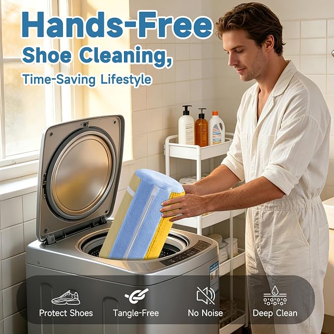Shoe Bag for Washing Machine and Dryer - 2PCS XXL Reusable Shoe Laundry Bag with Shoe Tree - Chenille Microfiber 360°Deep Cleaning Bag for Sneakers Tennis Delicate Shoes - Yellow 15.35 × 7.5 Inches