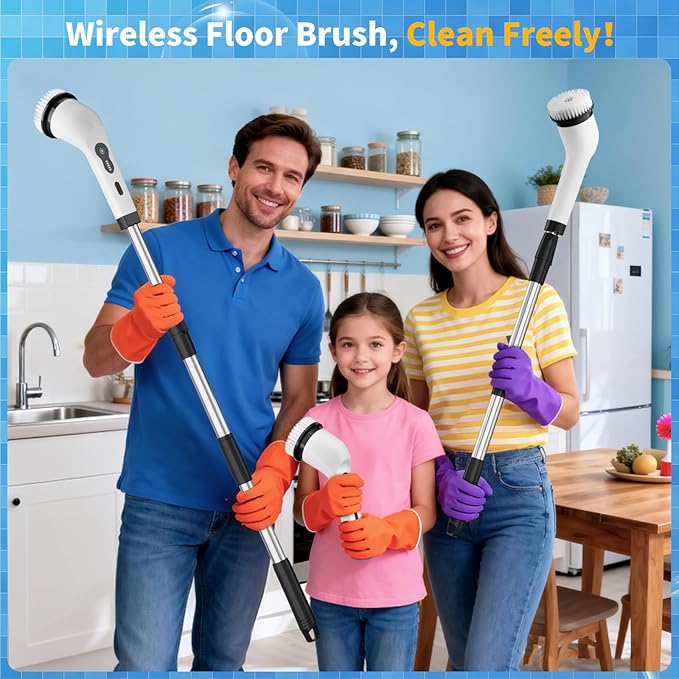 Electric Spin Scrubber, Powered Household Cleaning Brush with 8 Heads & 2 Modes- 52in Extendable Electric Shower Scrubber Deep Cleaner for Bathroom Bathtub Sink Bathroom, IPX7