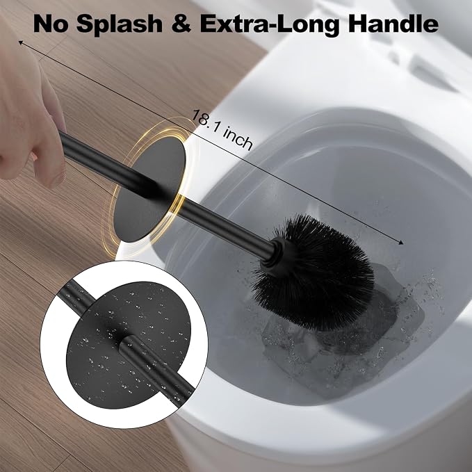Black Toilet Brush and Holder Set,Stainless Steel Heavy Duty Toilet Bowl Brush,Extra Long Handled Modern Toilet Cleaner Brush with Replaceable Head, Removable Inner Bowl, and Splash Protection