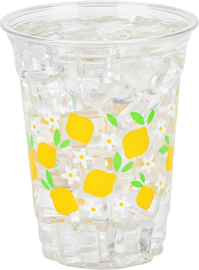 AimFun 100 Pcs Lemon Plastic Cups Summer 12 oz Disposable Party Clear Cups for Tropical Luau Party Hawaiian Theme Birthday Wedding Bridal Baby Shower Beverage Supplies