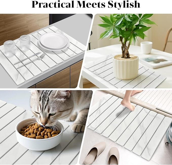 2 PCS Large Stone Dish Drying Mats for Kitchen Counter, 24"(L)×16"(W) Marble-Pattern Dish Drying Mat with 8"x 4" Coasters, Eco-Friendly Diatomite Dish Drying Mat - Fits All Countertops