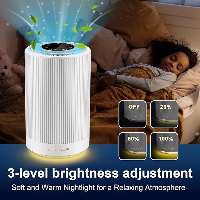 JF100 Air Purifiers for Home bedroom Coverage 450 sqft, HEPA Air Purifier with Brushless Motor, 22 dB Quiet Air cleaner for 99.97% Dust Smoke Odor Pollen Pets Hair Dander, Night Light, White