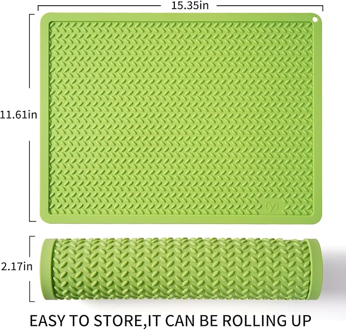 Silicone Drying Mat & Heat Resistant Mat for Kitchen Counter, Non-Slip Dishwasher Safe, Raised Edge for Dishes Bottles Sink (15.35x11.61in, Green)