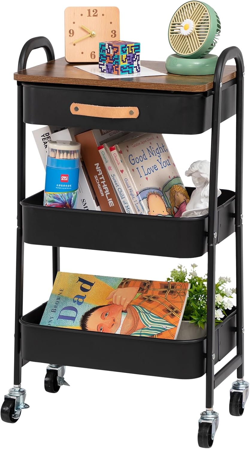 AGTEK Movable Rolling Organizer Cart with Drawer, 3 Tier Metal Utility Cart with Hanging Cups, Drawer with Leather Handle, Mobile Trolley Cart for Home & Office, Black