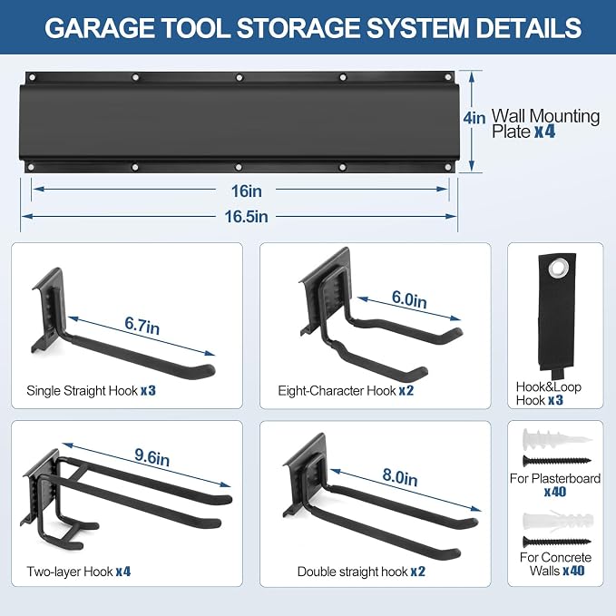 66'' Garage Tool Organizer Wall Mount 18Pack 750lbs Heavy Duty | Include 14 Adjust Hooks Garden Tool Organizer, Garage Wall Organizer for Garden Yard Tool Shovel Rake Broom Ladder Weed Eater