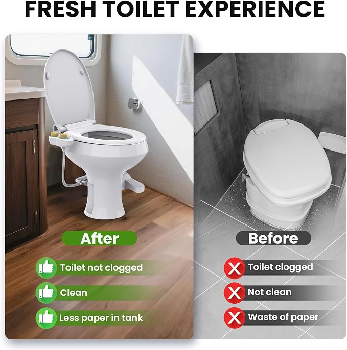 RV Bidet for Camper Toilet, Non-Electric Toilet Sprayer Attachment with Dual Nozzles, Adjustable Pressure, Front/Rear/Self Cleaning, Upgrade for Trailer, Motorhome, RV Bathroom (Bamboo Knob)