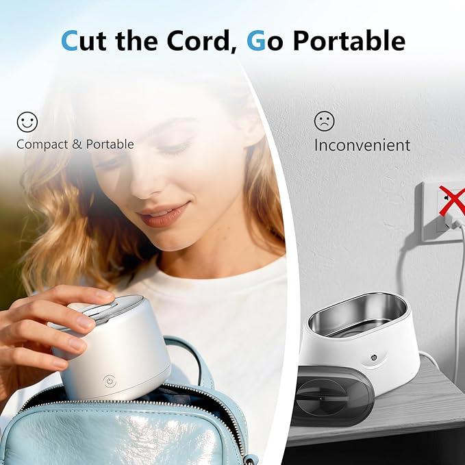 Rechargeable Ultrasonic Retainer Cleaner Machine, 46kHz Portable Dental Cleaning Pod for Night Mouth Guards, Braces, Jewelry, Aligner- 2500mAh Battery for Travel & Home