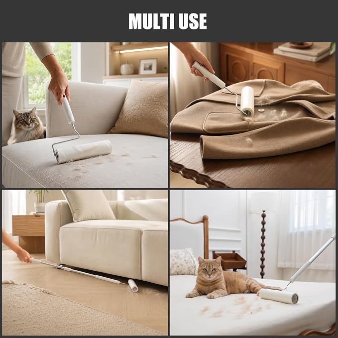 Large Lint Roller for Pet Hair Extra Sticky, 7.9-Inch Extra Wide Roller with Extendable Handle, 5 Refills, 450 Sheets & Storage Stand for Furniture, Couch, Bedding and Clothes(1 Roller+ 450 Sheets)