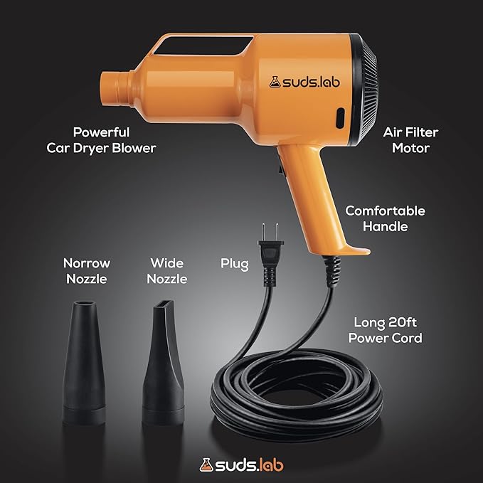 Suds Lab JD Jet Dry Car Drying Blower with 2 Nozzles & 20 ft Power Cord – 1.5 HP Powerful & Compact Car Dryer Air Blower for Removing Water, Dust & Debris