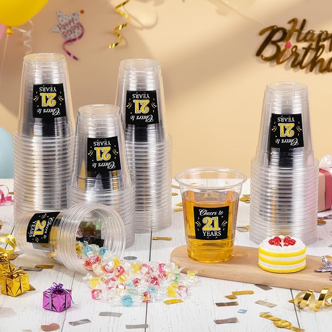 Funnymoom 100 Pack 21th Birthday Cup 12 oz Cheers to 21 Years Happy Birthday Disposable Clear Plastic Cups for Him Men Women Wedding Anniversary Decorations Party Favors