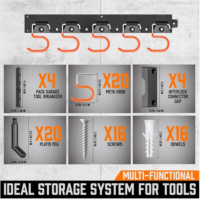 HORUSDY 64 Inch Adjustable Storage System, Wall Mount Tool Organizer, Tool Hangers for Mop and Broom Holder Shovel, Rake, Broom, Mop Holder, Etc (Pack of 2)