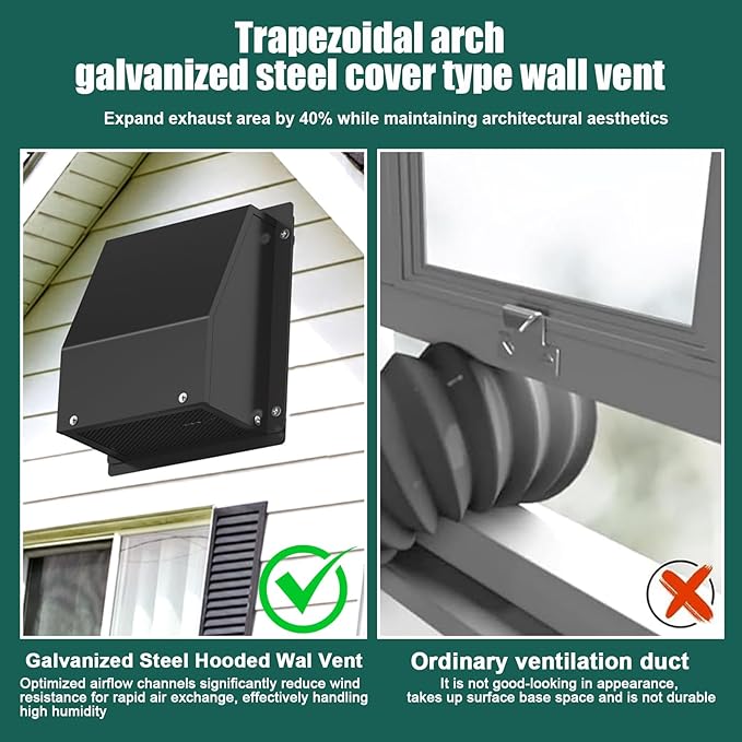 10 Inch Hooded Wall Vent Cover with Screen and Damper, Galvanized Steel Outdoor Wall Exhaust Vent Cover Cap Black for Dryer Bathroom Fan Range Hood HVAC Duct Ventilation (Includes Tape & Clamps)