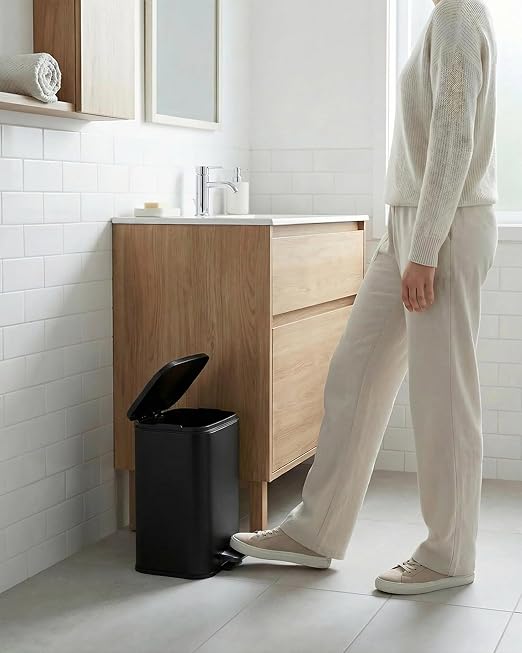 1.3 gal/5L Stainless Steel Kitchen Trash Can, Step-on Recycling Bin with Soft Close Lid, Removable Inner Bucket, Rectangular Wastebasket for Office Living Room, Black