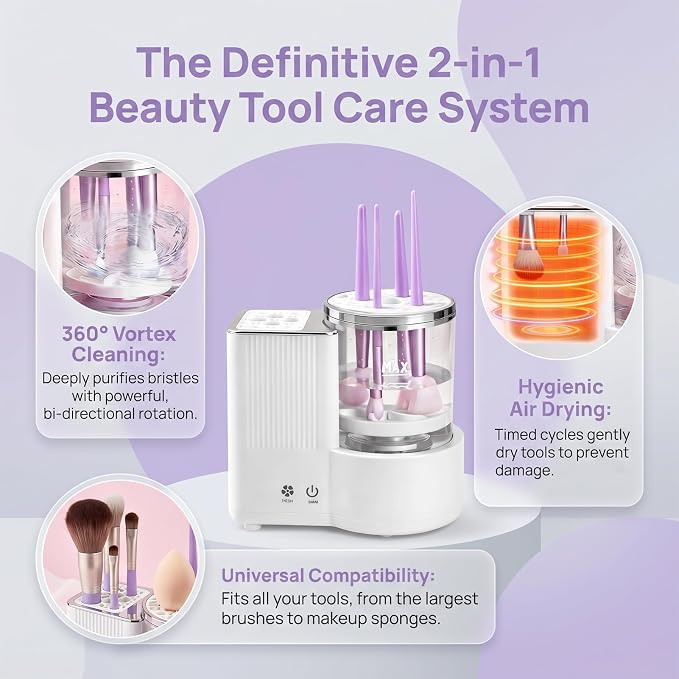 Makeup Brush Cleaner and Dryer Machine, 2-in-1 Electric Brush Cleaner with 360° Dual Rotation, Wet-Dry Separation, Multi-Brush Holder for All Size Makeup Brushes, 5-Min Fast Clean & 1/2H Timed Dry