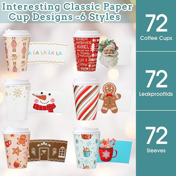 Gueevin 72 Set/ 216 Pcs Christmas Paper Cups Disposable 12 oz Christmas Coffee Cups with Lids and Sleeves Xmas Winter Party Supplies for Hot Chocolate Cocoa Cold Drinks Water Supplies(Novelty)