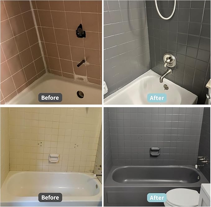 Gray Waterbased Tile Paint and Tile Refinishing Kit 32.0 Fl Oz, Quick-Dry TilePaint for Wall ,Floor, Sink Bathtub Paint for Bathroom, Kitchen, Toilets, Water Based,50-63sq.ft