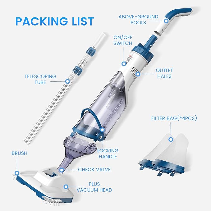 ENHULK Pool Vacuum for Above Ground Pool, Upgraded 13.4" Wide Head & Telescopic Pole, 18.5 GPM Powerful Suction, 60 Mins Runtime, Cordless Handheld Rechargeable Pool Cleaner for Inground Pools, PC15